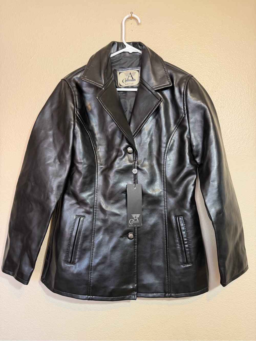 NWT A Collezioni Black Faux Leather Jacket Button-Front Size M Made in Italy